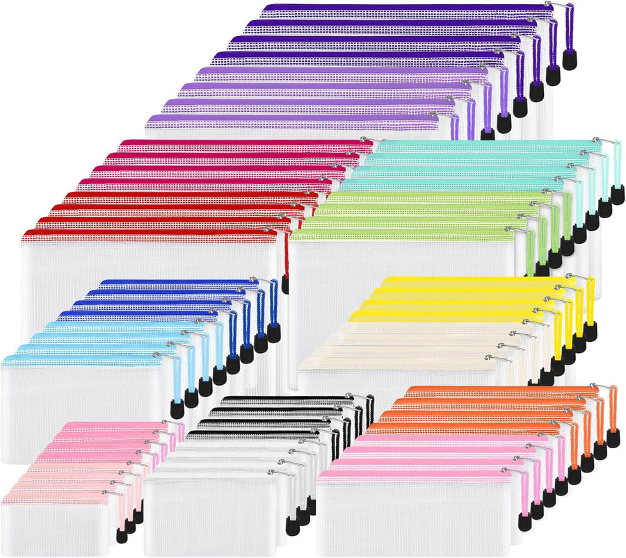 64pcs Mesh Zipper Pouch Bags, 8 Sizes Plastic Bags, 15 Colors Waterproof Pouches with Slide Fastener for Organization, Multipurpose for Travel, School Supplies, Office and Home Organization