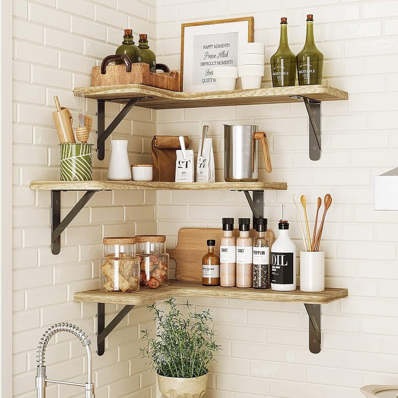 Fixwal Floating Shelves for Wall Set of 5, Rustic Wood Wall Mounted Corner Shelf for Bathroom, Kitchen, Bedroom, Home Decor, Laundry Room, Living Room (Carbonized Black)