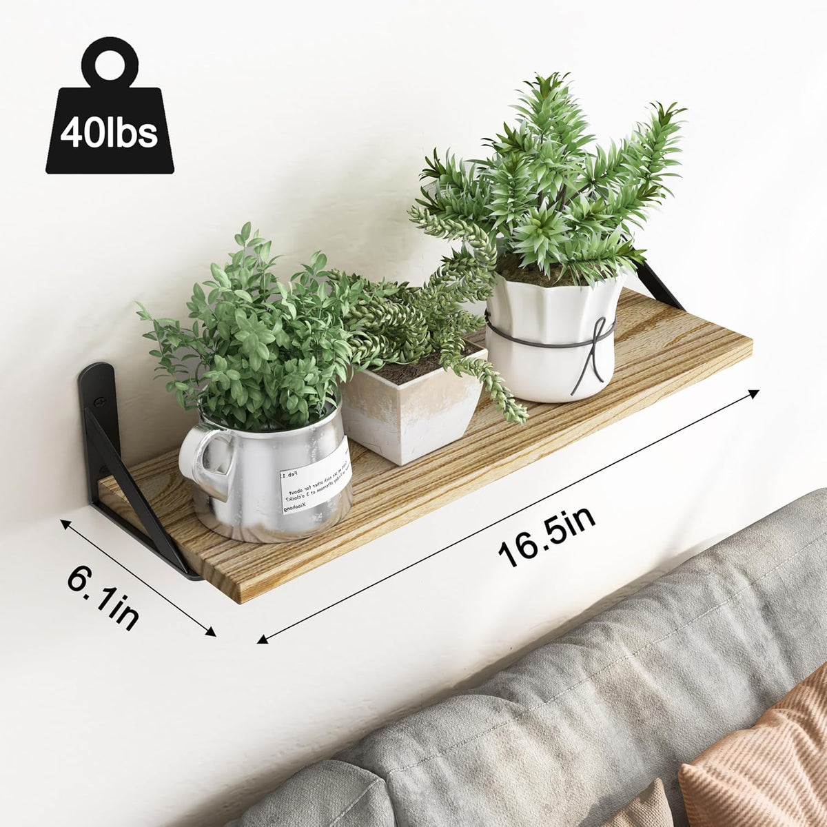 16.5 Inch Floating Shelves for Wall, Farmhouse Wall Shelves for Bedroom, Bathroom Storage, Living Room and Kitchen Decor (Set of 6 Light Brown Color)