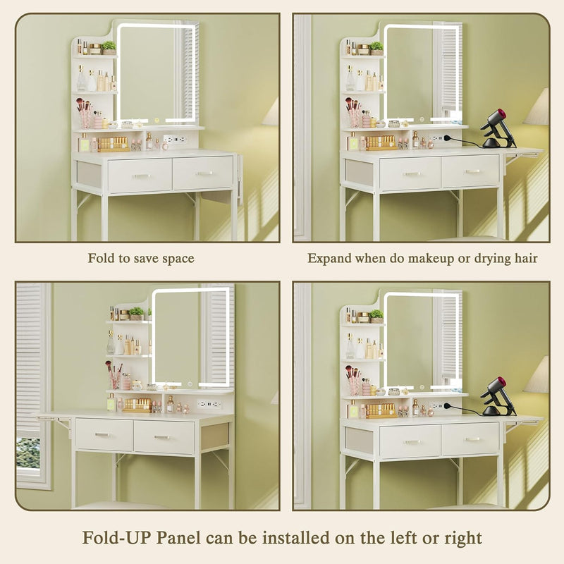 Small Vanity Desk with Mirror and Lights, Makeup Vanity with Fabric Storage Drawer & Chair & Shelves, White Vanity with Fold-up Panel and Power Outlet, Bedroom