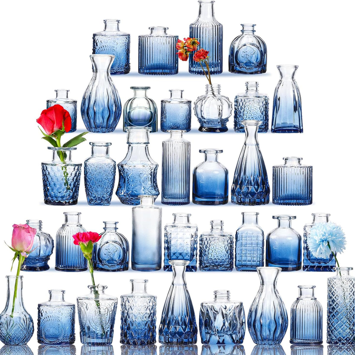 Fixwal 36 Blue Bud Vases Glass Bud Vase Set, Small Vases for Flowers, Bud Vases for Centerpieces Mini Flower Vases in Bulk for Rustic Wedding Decorations Vintage Look Home Table Decor (Blue)