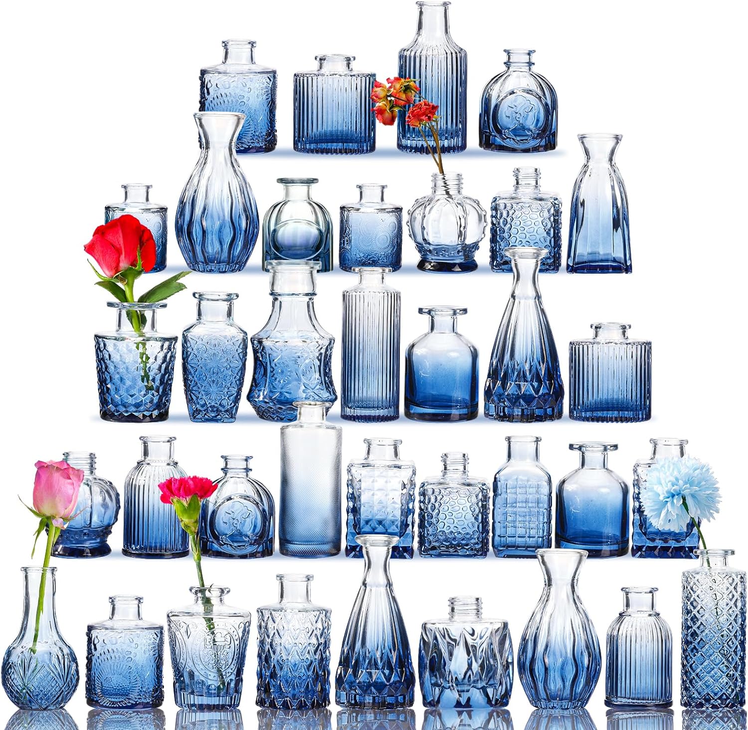Fixwal 36 Blue Bud Vases Glass Bud Vase Set, Small Vases for Flowers, Bud Vases for Centerpieces Mini Flower Vases in Bulk for Rustic Wedding Decorations Vintage Look Home Table Decor (Blue)