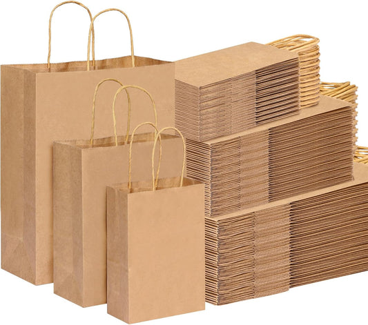 180pcs Paper Bags with Handles Brown Kraft Paper Gift Bags Assorted Sizes (8/10/12.6 Inches) Bulk for Gift, Merchandise, Retail, Shopping, Party Favor