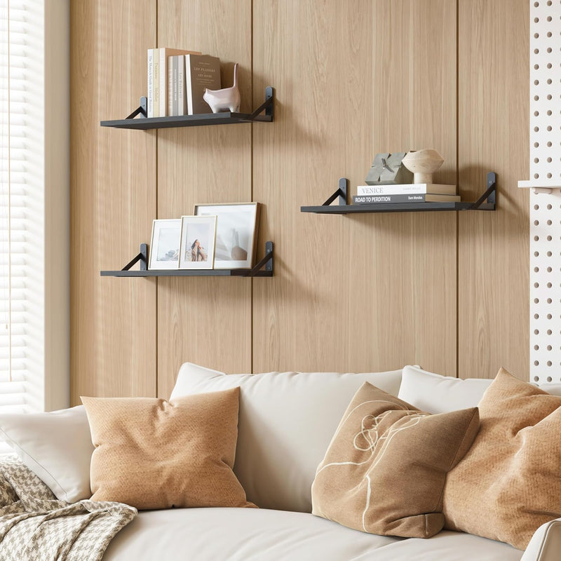 Wall Shelves for Bedroom, 16.5 Inch Floating Shelves for Wall, Shelves for Bathroom Storage, Living Room and Kitchen Decor (Set of 6 Black)