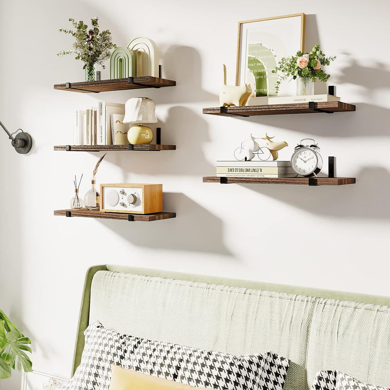 Fixwal Floating Shelves Set of 5, Width 4.7 Inches Wall Shelves, Rustic Wood Wall Storage Shelves for Bedroom, Living Room, Kitchen, Bathroom, Home Decor, Office and Plants (Dark Carbonized Black)