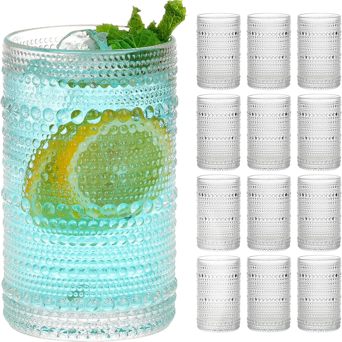 Moretoes Hobnail Drinking Glasses Set of 12,12 Oz Clear Highball Glasses Cups Vintage Kitchen Bar Tumbler Glassware Set for Whiskey, Beer, Juice, Milk and Various Mixed Drinks