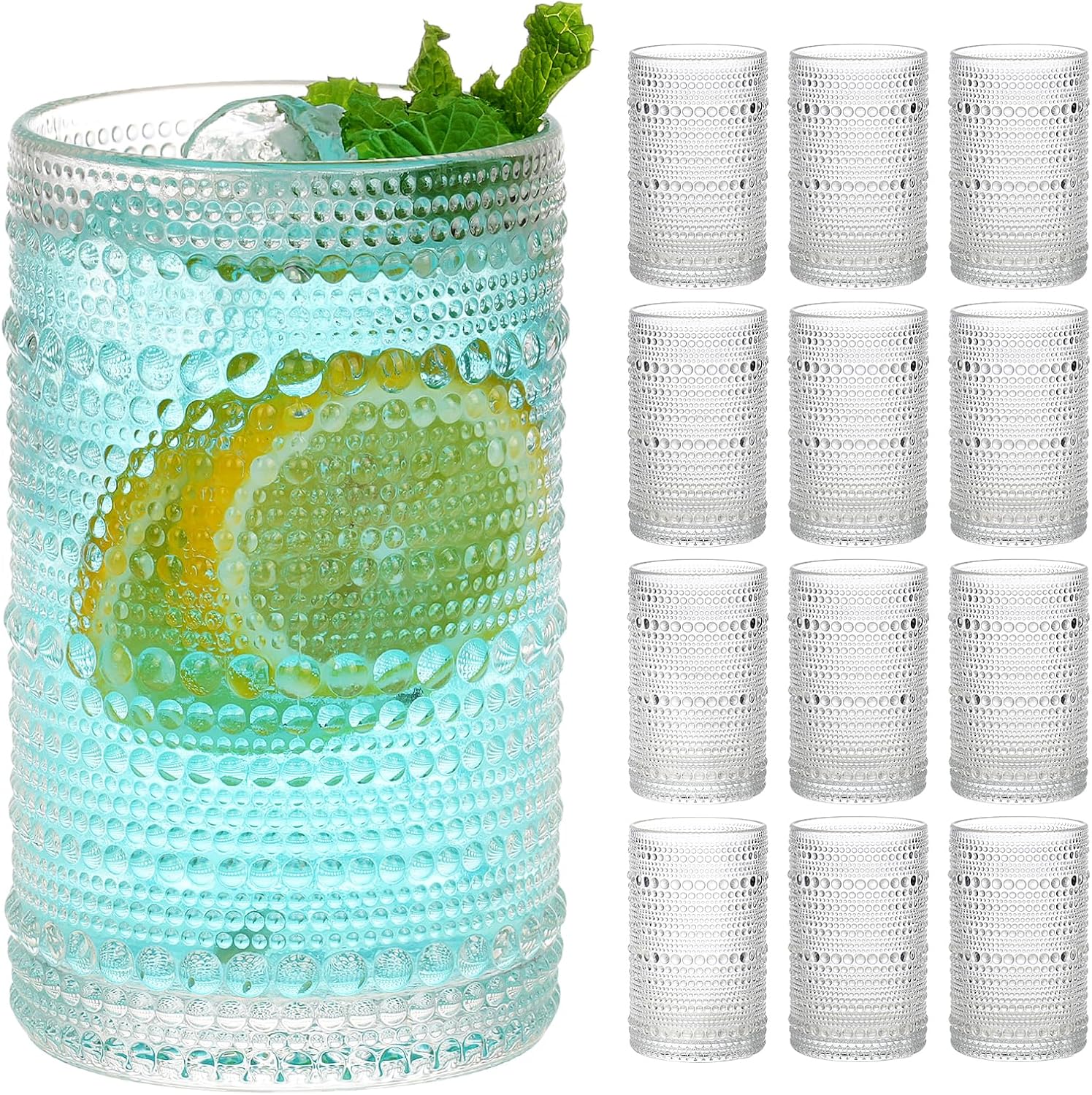 Moretoes Hobnail Drinking Glasses Set of 12,12 Oz Clear Highball Glasses Cups Vintage Kitchen Bar Tumbler Glassware Set for Whiskey, Beer, Juice, Milk and Various Mixed Drinks