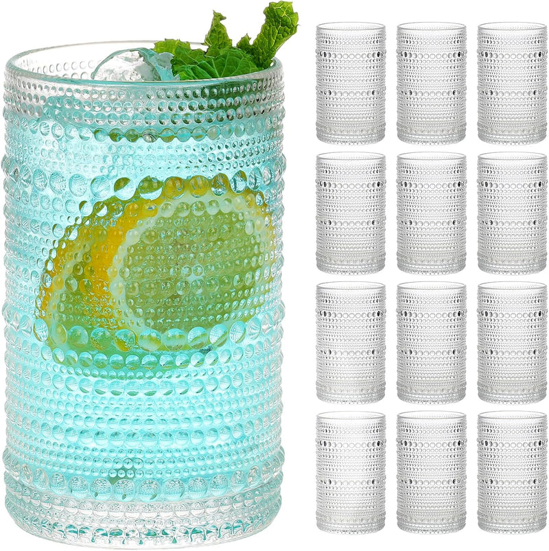 Moretoes Hobnail Drinking Glasses Set of 12,12 Oz Clear Highball Glasses Cups Vintage Kitchen Bar Tumbler Glassware Set for Whiskey, Beer, Juice, Milk and Various Mixed Drinks