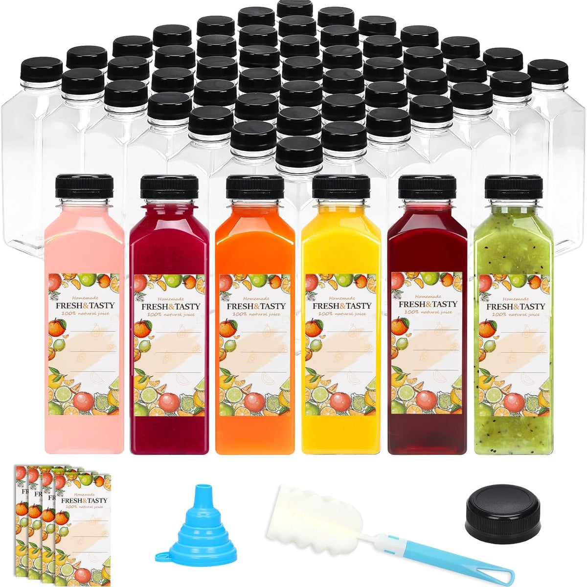 150pcs Juice Bottles, 16oz Reusable Plastic Juice Bottles with Caps and Labels, Funnel, Brush Beverage Containers for Juicing, Smoothies, Tea, Milk