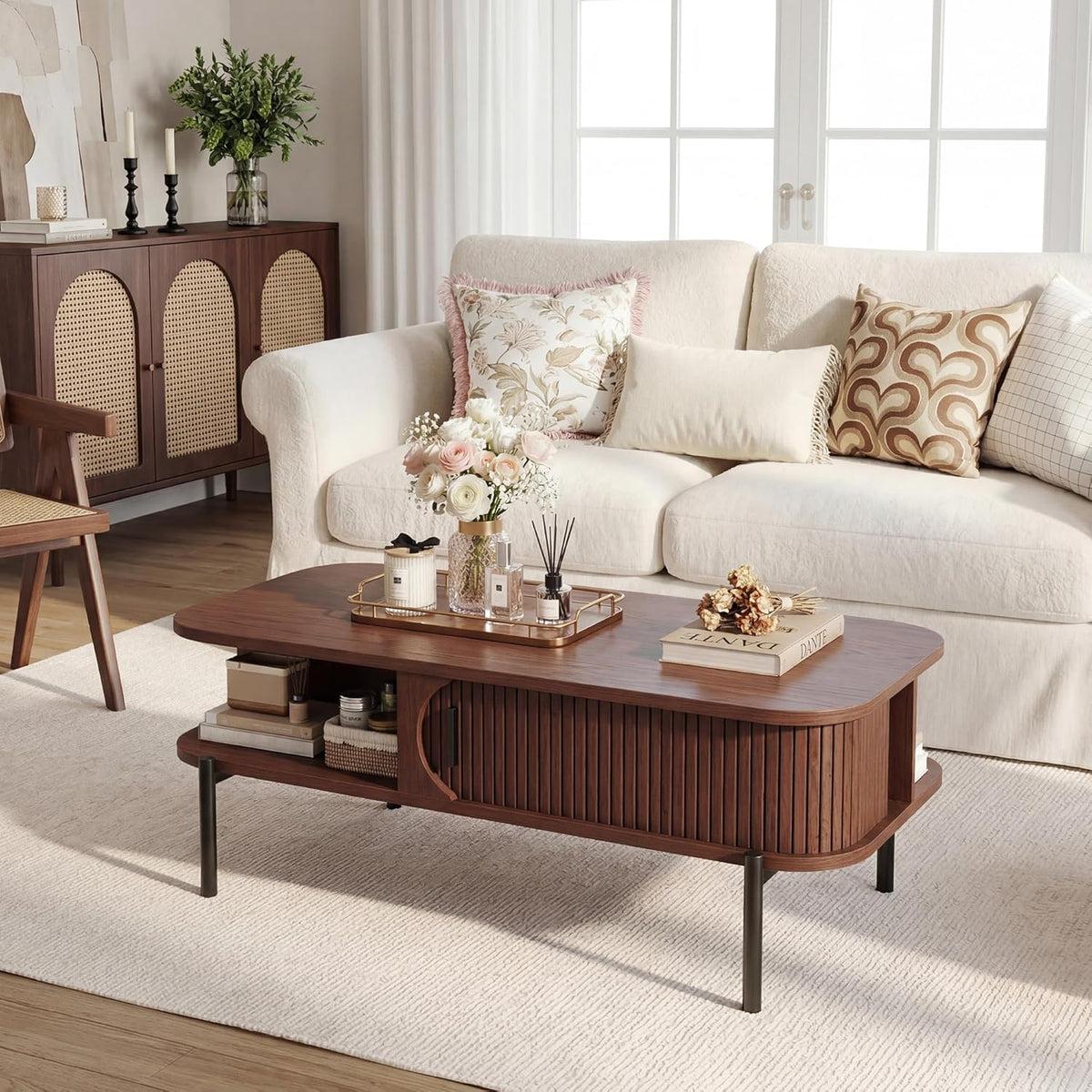 Coffee Table, 39.4" Fluted Coffee Table for Living Room, Mid Century Modern Table with Sliding Cabinet Door 2-Tier Rustic Wood Desktop with Storage Open Shelf, Walnut