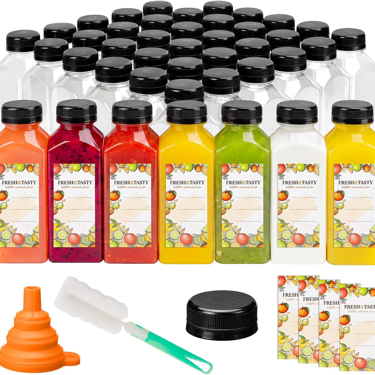 45pcs Juice Bottles, 12oz Reusable Juice Bottles with Caps and Labels, Funnel, Brush Beverage Containers for Juicing, Smoothies, Tea, Milk