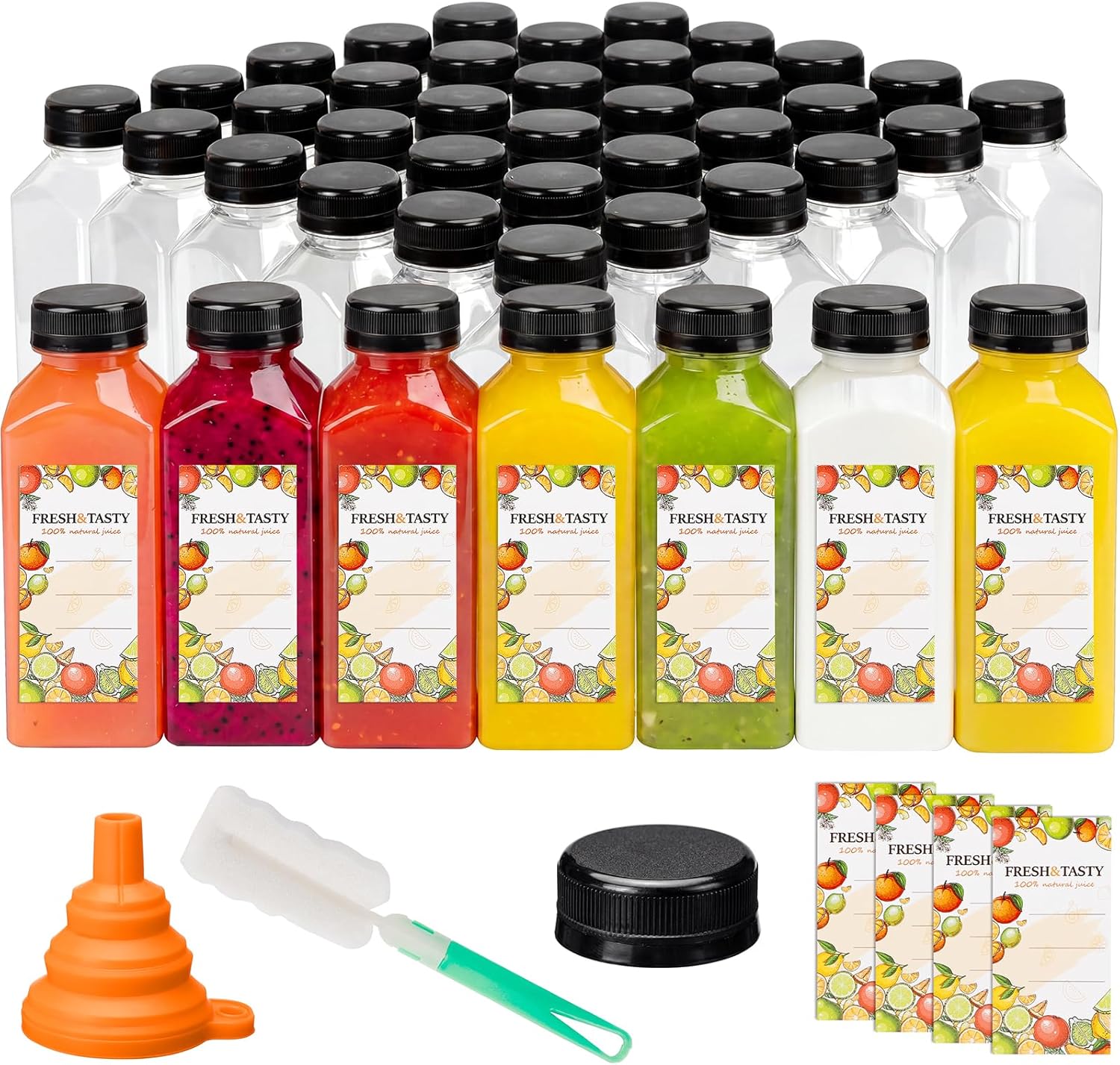 45pcs Juice Bottles, 12oz Reusable Juice Bottles with Caps and Labels, Funnel, Brush Beverage Containers for Juicing, Smoothies, Tea, Milk