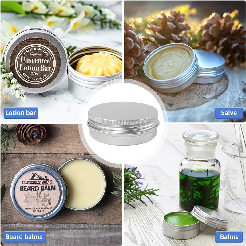 Moretoes 60 Pack Tins, 2Oz Metal Round Tins, Aluminum Tin Cans Containers with Screw Lid for Lotion Bars, Balms, Salve, Spices or Beard Balm