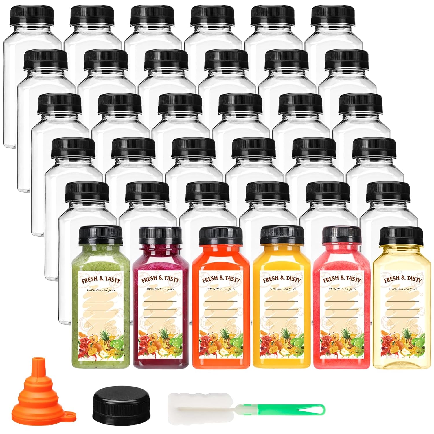 36pcs 8oz Juice Bottles with Lids, Food Grade Reusable Clear Containers with Black Tamper Evident Caps for Juice, Milk and Other Beverages