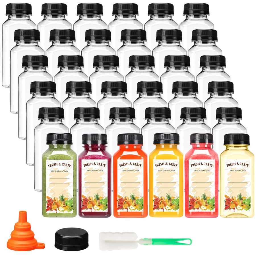 36pcs 8oz Juice Bottles with Lids, Food Grade Reusable Clear Containers with Black Tamper Evident Caps for Juice, Milk and Other Beverages