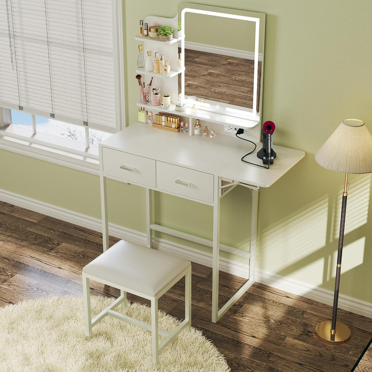 Small Vanity Desk with Mirror and Lights, Makeup Vanity with Fabric Storage Drawer & Chair & Shelves, White Vanity with Fold-up Panel and Power Outlet, Bedroom