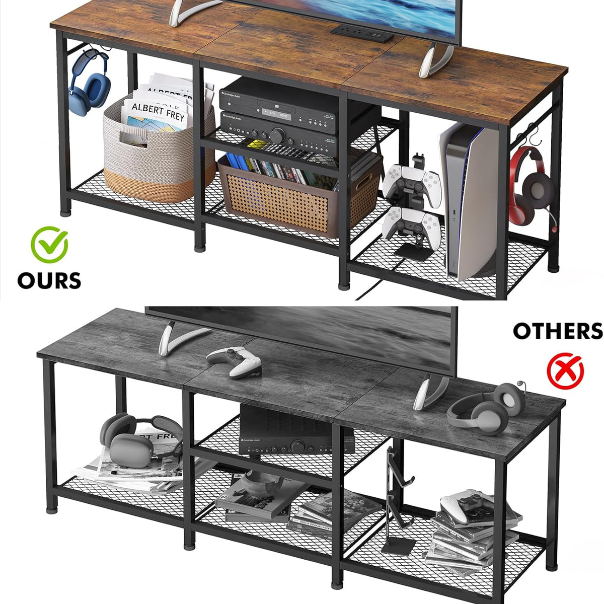 TV Stand for Up to 50 Inch Tvs, Entertainment Center with Outlet Led Lights Open Storage Shelves, TV Consoles for Living Room Bedroom, Rustic Brown
