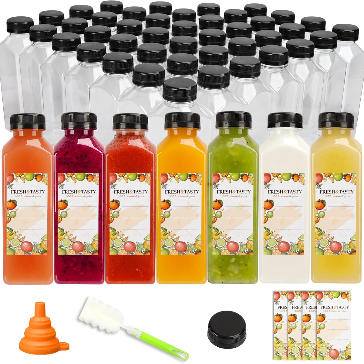 100pcs Plastic Bottles with Caps, 16oz Juice Bottles, with Caps with Black Caps,with Label, Funnel and Brush Beverage Containers for Juicing, Smoothies, Tea, Milk