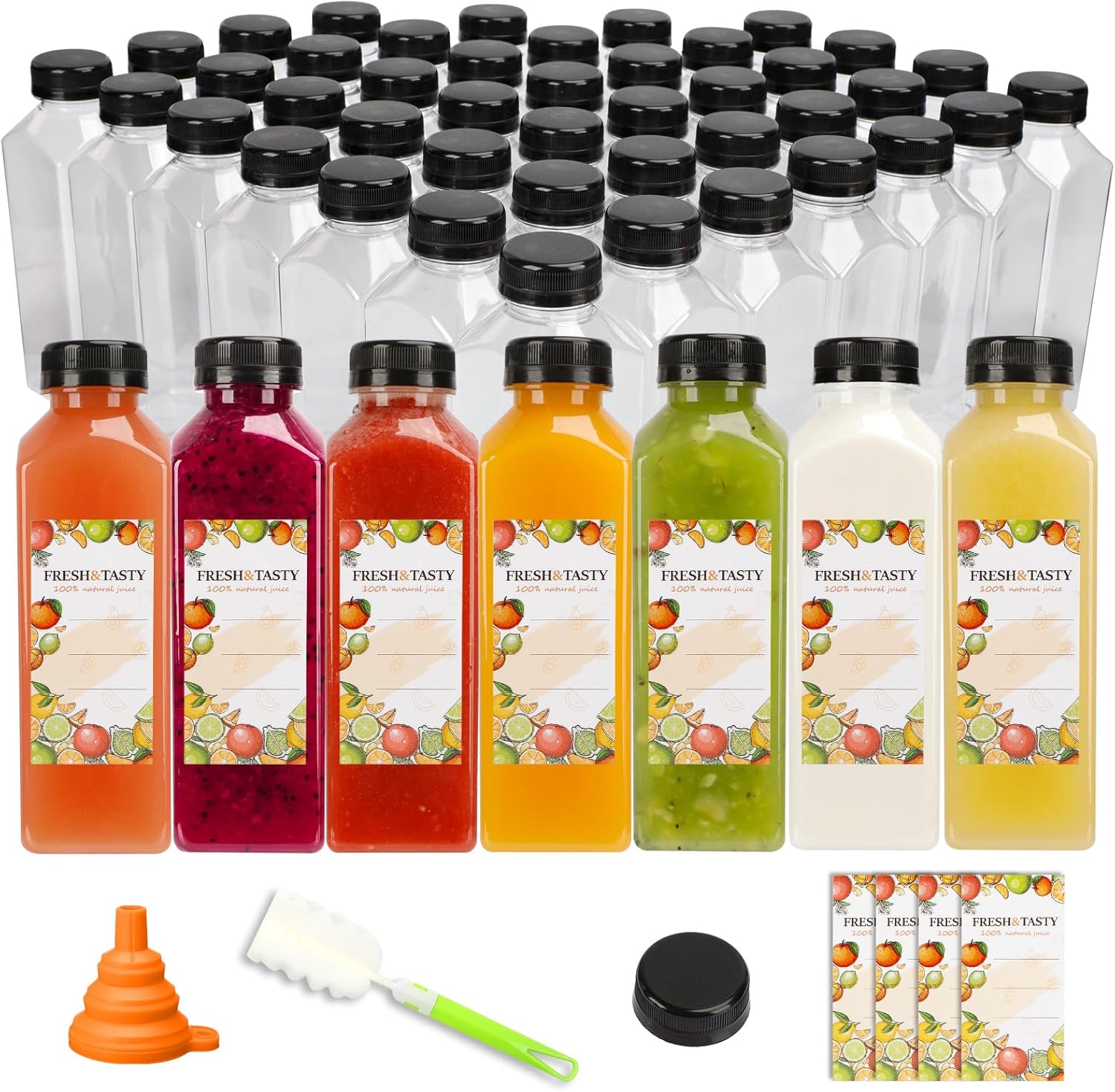 100pcs Plastic Bottles with Caps, 16oz Juice Bottles, with Caps with Black Caps,with Label, Funnel and Brush Beverage Containers for Juicing, Smoothies, Tea, Milk