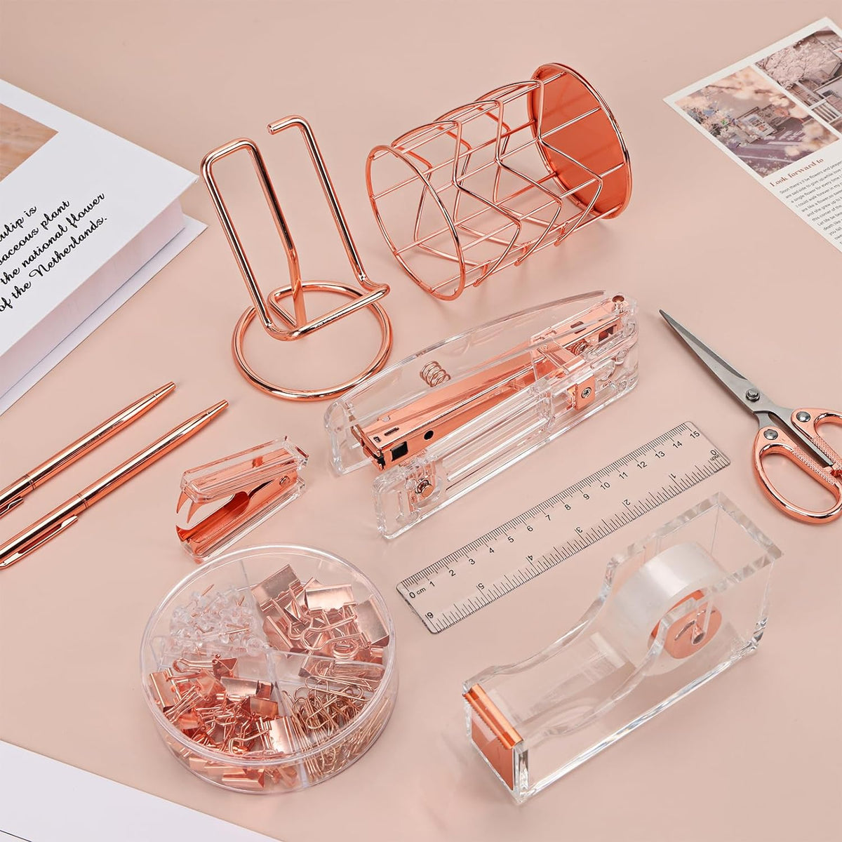 Rose Gold Desk Accessories, Office Supplies and Accessories Set, Acrylic Stapler Set, Staple Remover, Phone Holder, Pen Holder, Scissor, Ruler, Transparent Tape