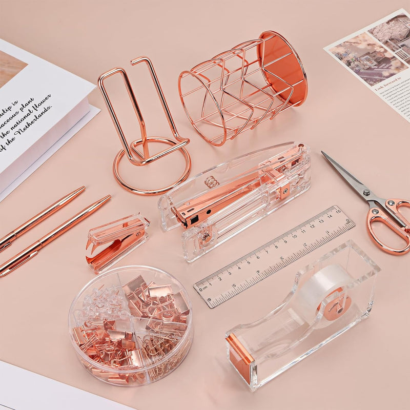 Rose Gold Desk Accessories, Office Supplies and Accessories Set, Acrylic Stapler Set, Staple Remover, Phone Holder, Pen Holder, Scissor, Ruler, Transparent Tape