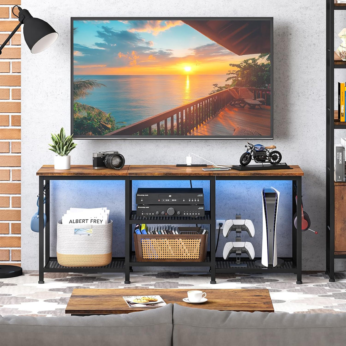 TV Stand for Up to 50 Inch Tvs, Entertainment Center with Outlet Led Lights Open Storage Shelves, TV Consoles for Living Room Bedroom, Rustic Brown