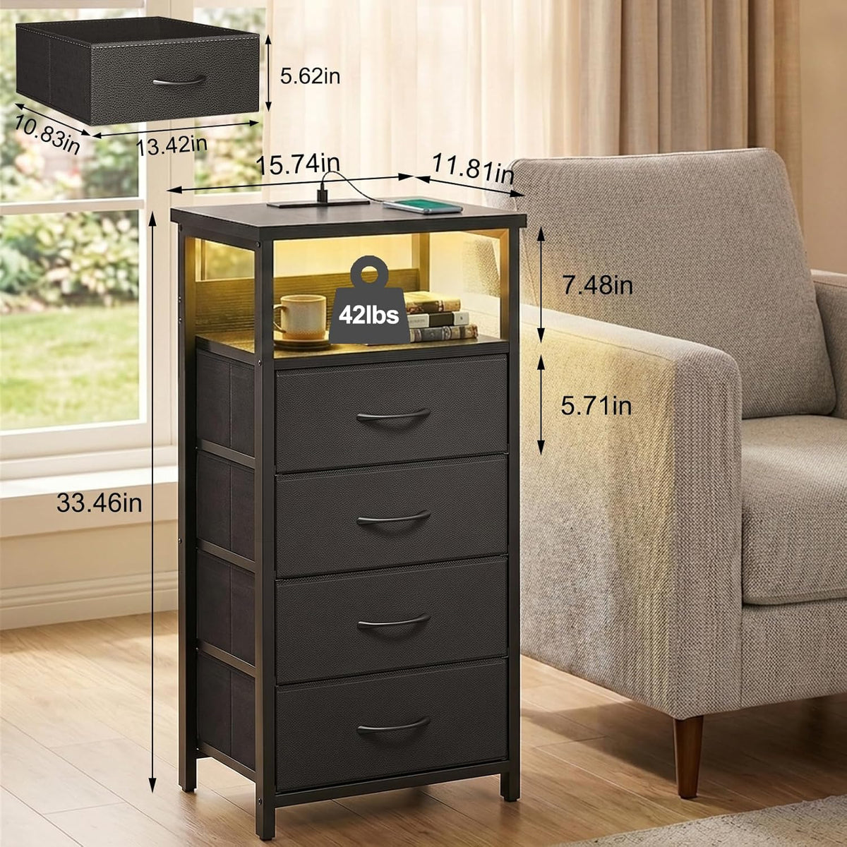 Fixwal Night Stand with 4 Fabric Storage Drawers, Tall Nightstand Bedside Table with Charging Station & Led Lights, Fabric Dresser for Bedroom, Black