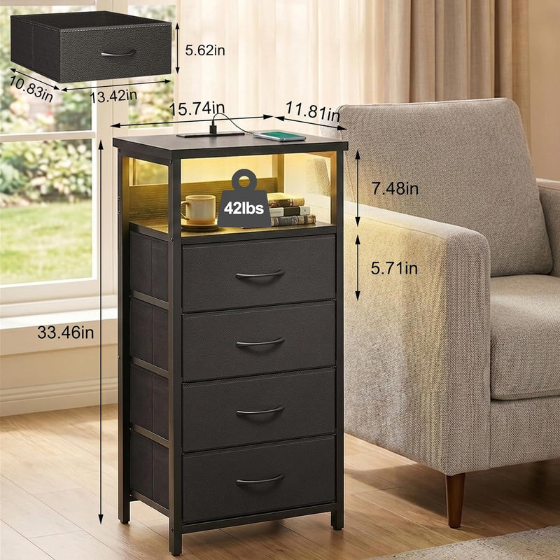 Fixwal Night Stand with 4 Fabric Storage Drawers, Tall Nightstand Bedside Table with Charging Station & Led Lights, Fabric Dresser for Bedroom, Black