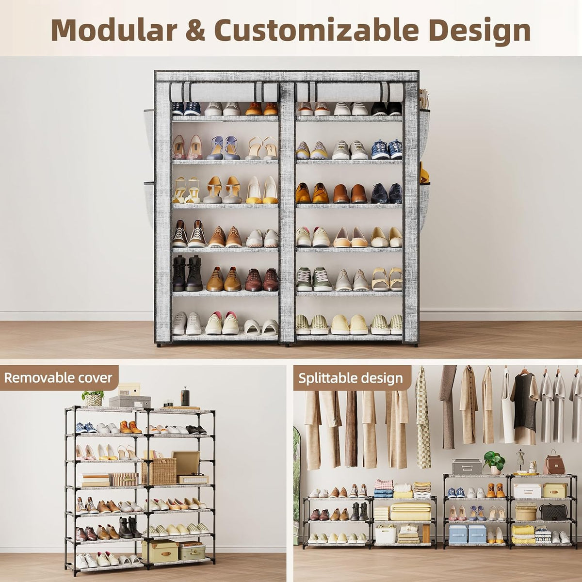 Shoe Rack with Cover, Shoe Rack with 4 Side Pockets, 6 Tier Shoe Organizer Holds 30-40 Pairs Shoes and Boots, Shoe Storage for Closet, Entryway and Hallway, Storage Cabinet for Home, Gray