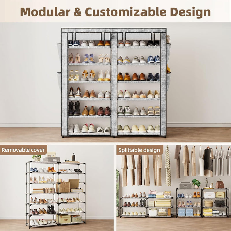 Shoe Rack with Cover, Shoe Rack with 4 Side Pockets, 6 Tier Shoe Organizer Holds 30-40 Pairs Shoes and Boots, Shoe Storage for Closet, Entryway and Hallway, Storage Cabinet for Home, Gray