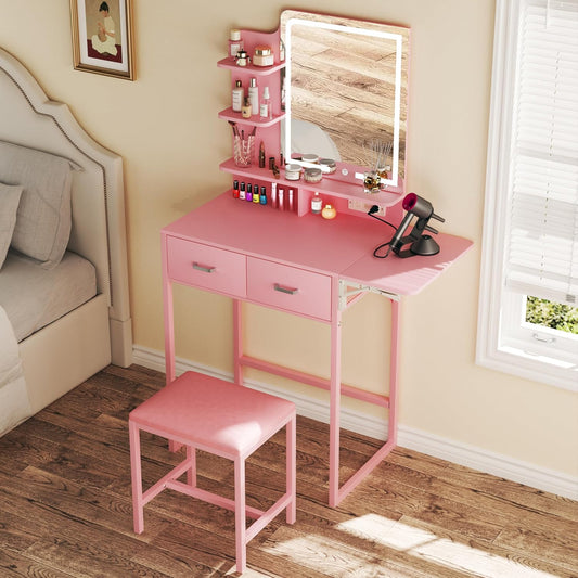 Vanity Desk with Mirror and Lights, Small Vanity with Fabric Storage Drawer & Chair & Shelves, Makeup Vanity with Fold-up Panel and Power Outlet for Bedroom
