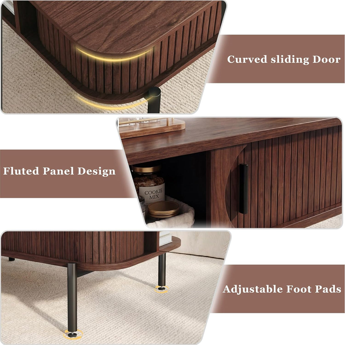 Coffee Table, 39.4" Fluted Coffee Table for Living Room, Mid Century Modern Table with Sliding Cabinet Door 2-Tier Rustic Wood Desktop with Storage Open Shelf, Walnut
