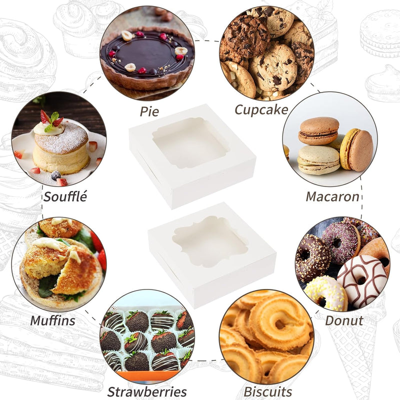 60pcs Cookie Boxes, 8x8x2.5 Inches Bakery Boxes with 2 Style Windows for Chocolate Strawberries, Pie, Pastry, Dessert, Cake, Birthday Party, Mother's Day, Weddings