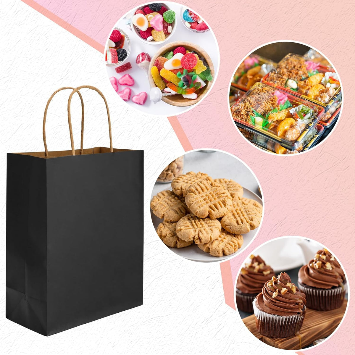 100pcs Paper Gift Bags 10x5x13 Inches Black Kraft Paper Bags with Handles Bulk for Shopping, Retail, Small Business, Birthday Wedding Party Favor, Merchandise