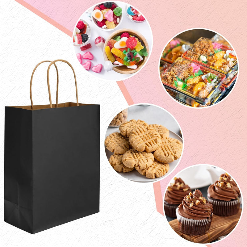 100pcs Paper Gift Bags 10x5x13 Inches Black Kraft Paper Bags with Handles Bulk for Shopping, Retail, Small Business, Birthday Wedding Party Favor, Merchandise