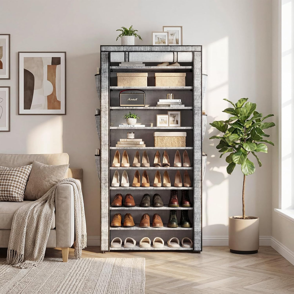 Shoe Rack with Cover, Large Capacity Shoe Organizer Storage 45 Pairs, 10 Tier Tall Shoe Shelf with 6 Side Pockets, Space Saving Shoe Storage for Closet, Entryway Hallway, Gray