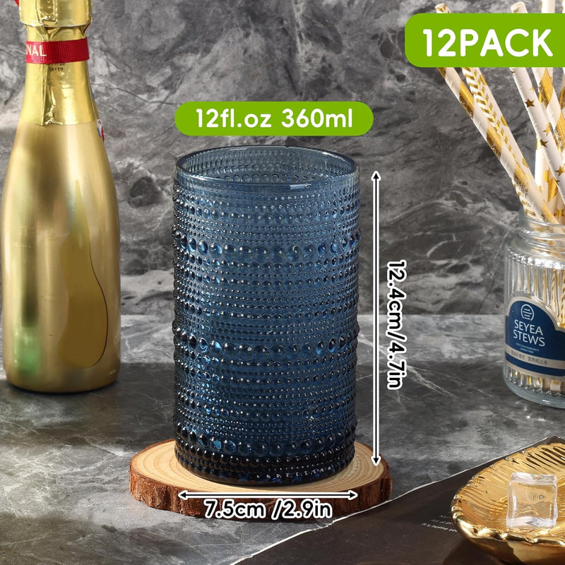 Moretoes Hobnail Drinking Glasses Set of 12,12 Oz Highball Glasses Embossed Boho Water Glass Cups Kitchen Bar Tumbler Glassware Set for Whiskey, Beer