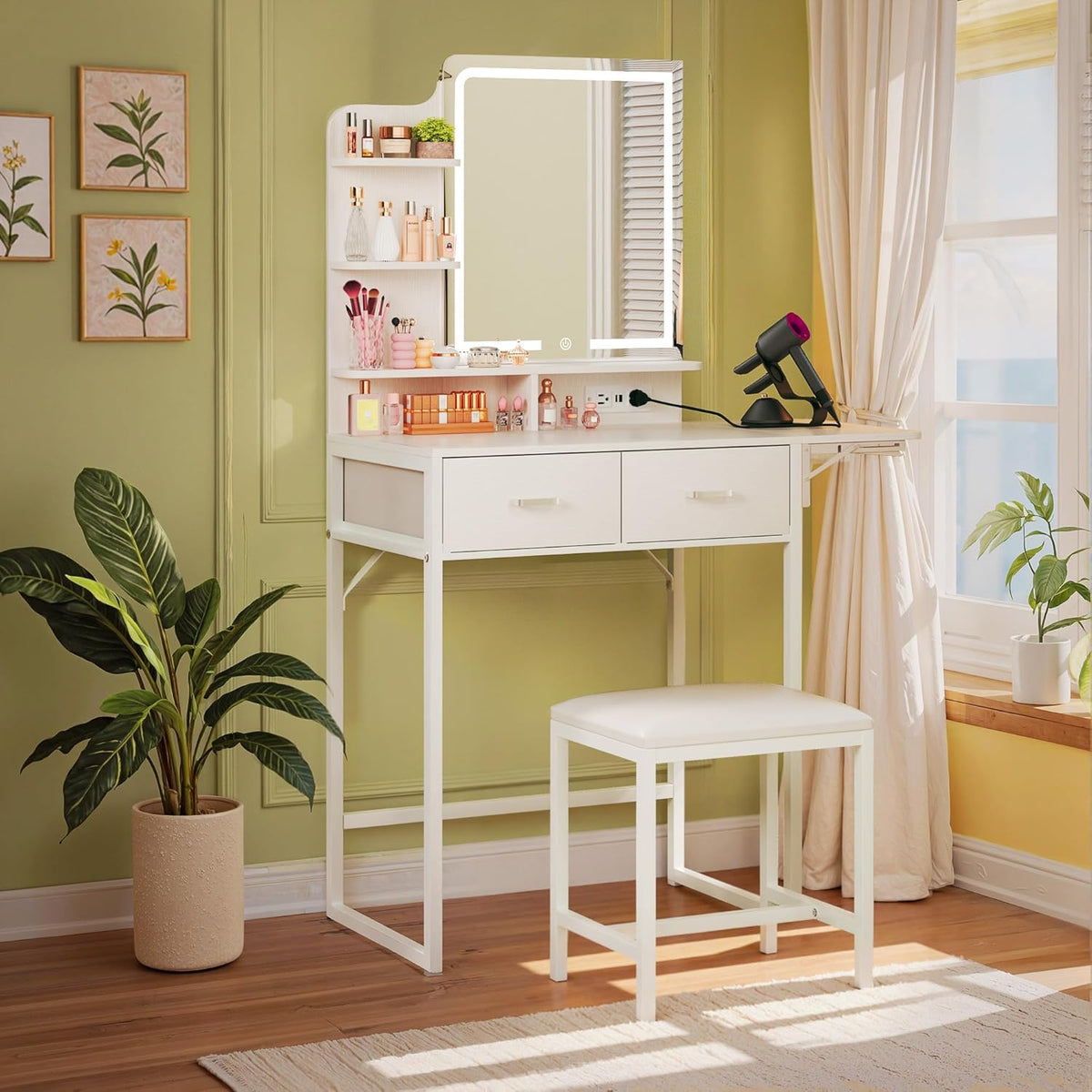 Small Vanity Desk with Mirror and Lights, Makeup Vanity with Fabric Storage Drawer & Chair & Shelves, White Vanity with Fold-up Panel and Power Outlet, Bedroom