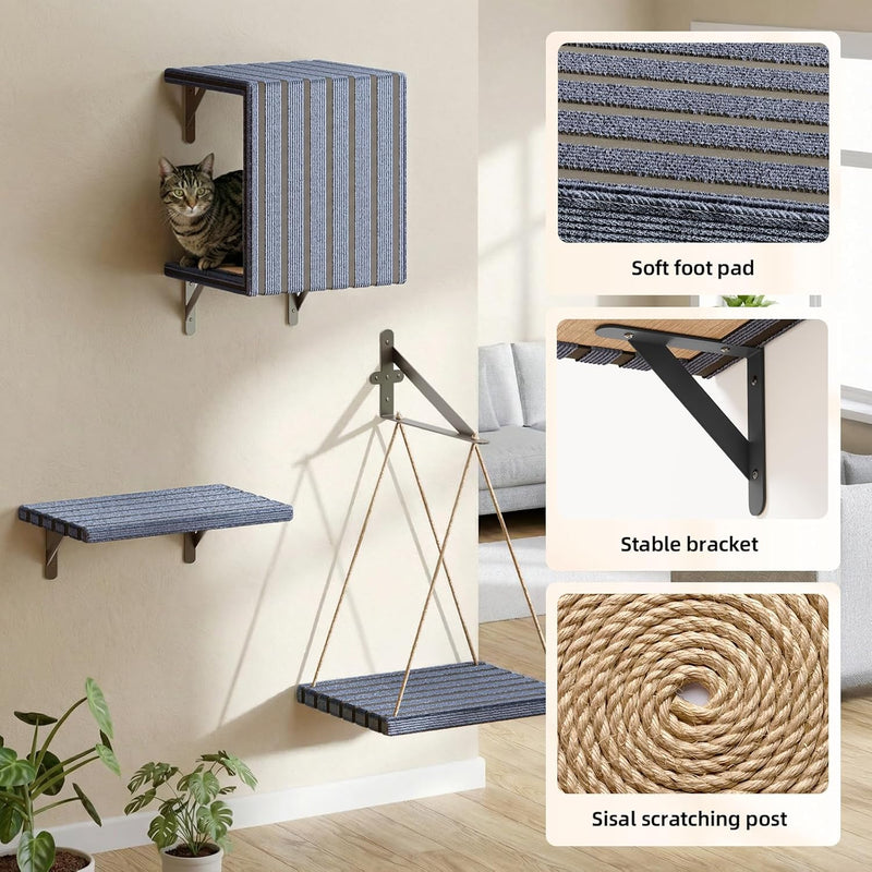 Superlele 5-in-1 Cat Wall Shelves Set, Premium Solid Wood for Stable & Safe, Space Saving Wall Mounted Cat Perch & Steps for Indoor Cats, Modern Wood Cat Walkway, with Interactive Cat Swing