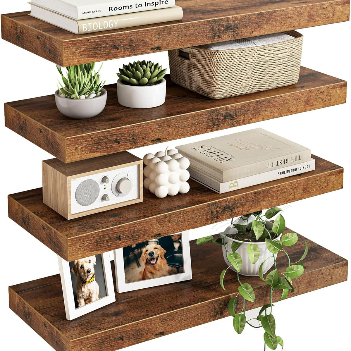 Fixwal Wood Floating Shelves, Wall Shelves Set of 4, Shelves for Wall Decor, with Invisible Brackets for Bathroom, Living Room,Bedroom and Kitchen(15.7in, Rustic Brown)