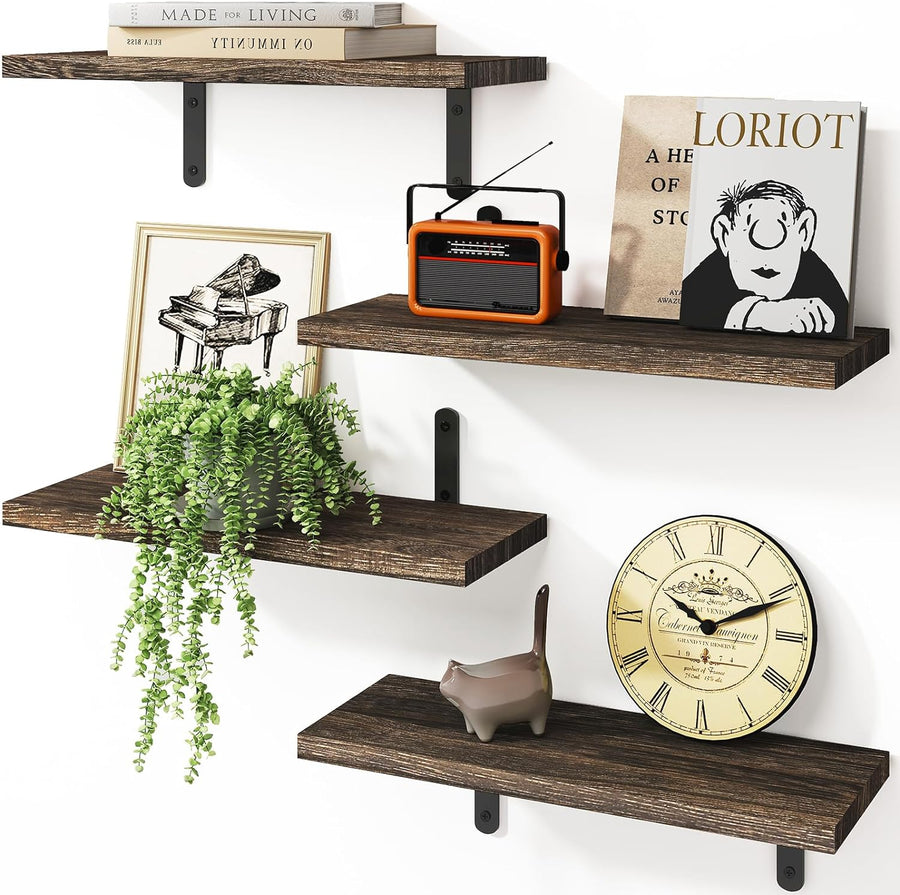 Floating Shelves for Room Decor, 4 Sets Wall Storage, Wood Mounted Shelf for Bedroom, Bathroom, Book Shelf, Dark Carbonized Black