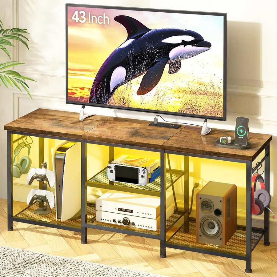 TV Stand for Up to 50 Inch Tvs, Entertainment Center with Outlet Led Lights Open Storage Shelves, TV Consoles for Living Room Bedroom, Rustic Brown