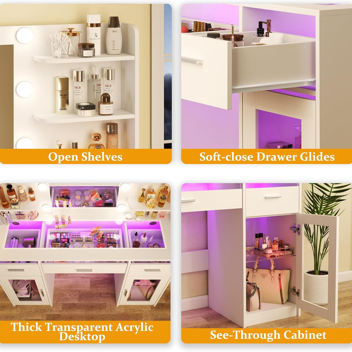 Vanity Desk, Makeup Vanity Desk with Mirror and Lights 3 Colors, Transparent Top with 3 RGB Drawers, 6 Shelves, 2 Large Tempered Cabinets, Power Outlet, for Bedroom, White