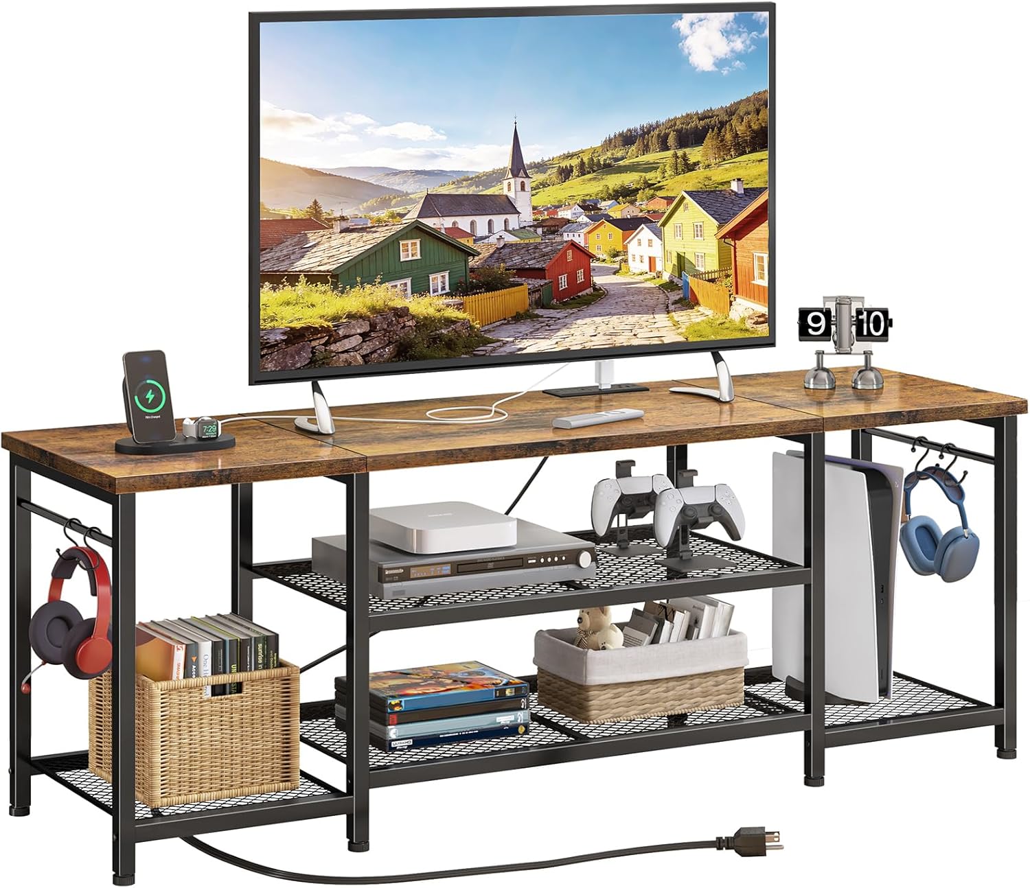 TV Stand for Up to 65 Inch TVs, Entertainment Center with Power Outlet and Open Storage Shelves, TV Media Console Table for Living Room and Bedroom, Rustic Brown