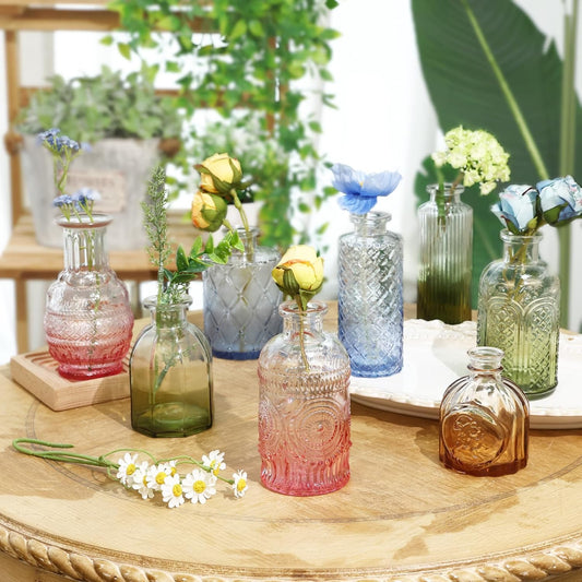 12 Pack Colorful Glass Bud Vases, Small Colored Vintage Vases for Centerpieces, Decorative Flower Vases for Wedding Home Table Decor(Amber, Blue, Green, Pink)