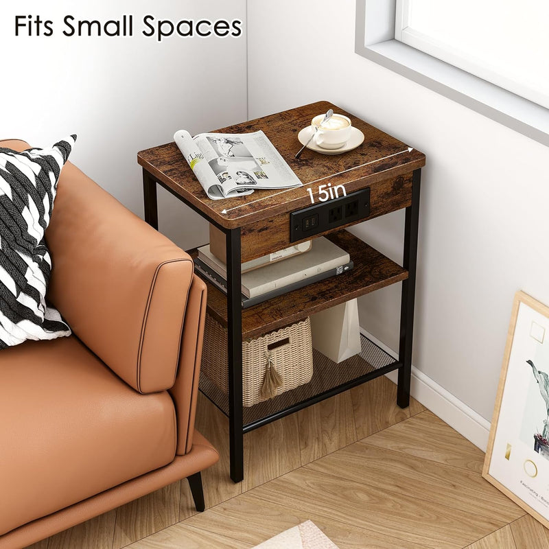Fixwal Side Table, Night Stand with Charging Station, 3-Tier End Table with Storage Shelf, Side Table for Living Room, Bedroom, Rustic Brown and Black
