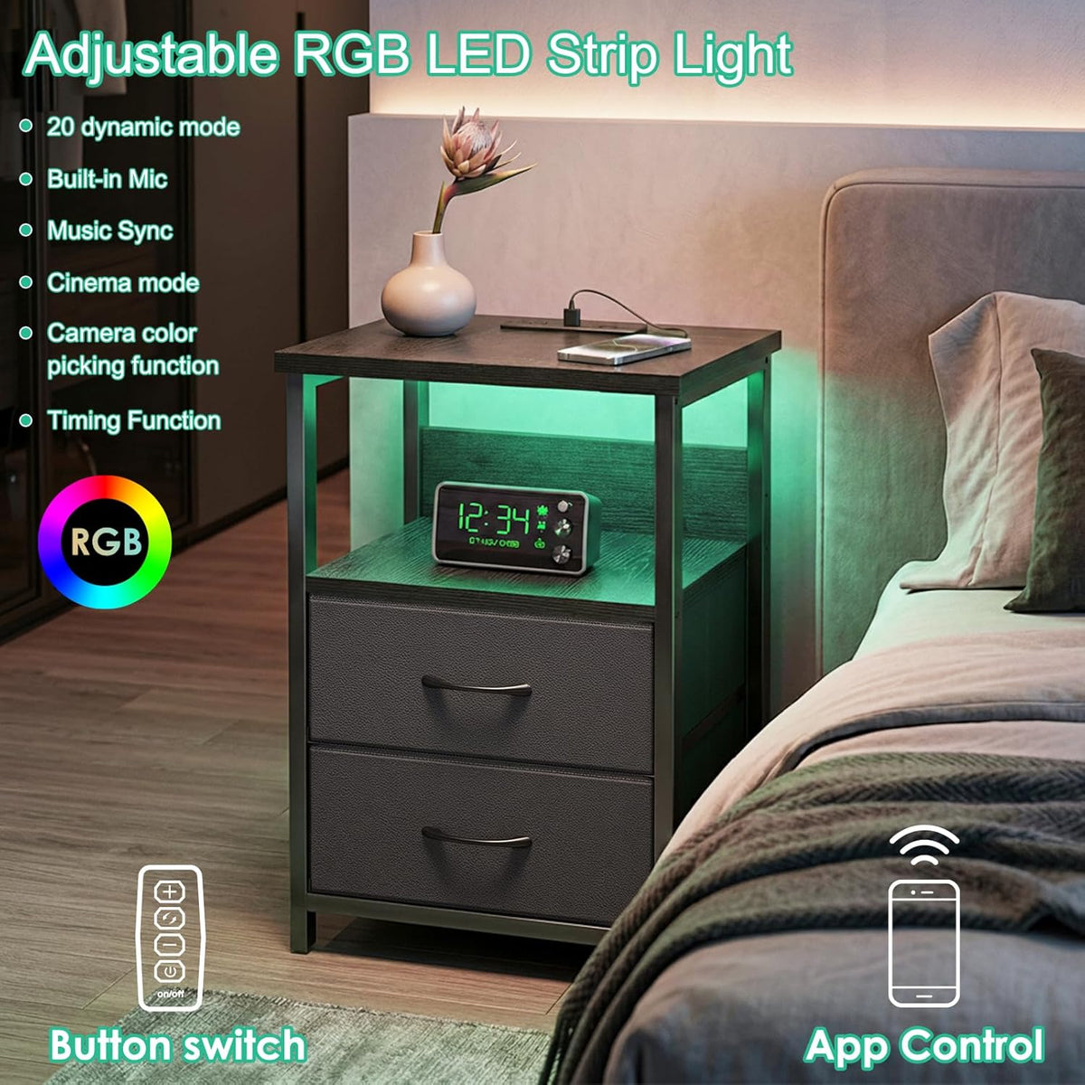 Fixwal Night Stand with Charging Station, LED Nightstand Small Dorm Room Furniture, 2 Fabric Storage Drawers, Bedside Table End Tables Bedroom Decor, Modern Black
