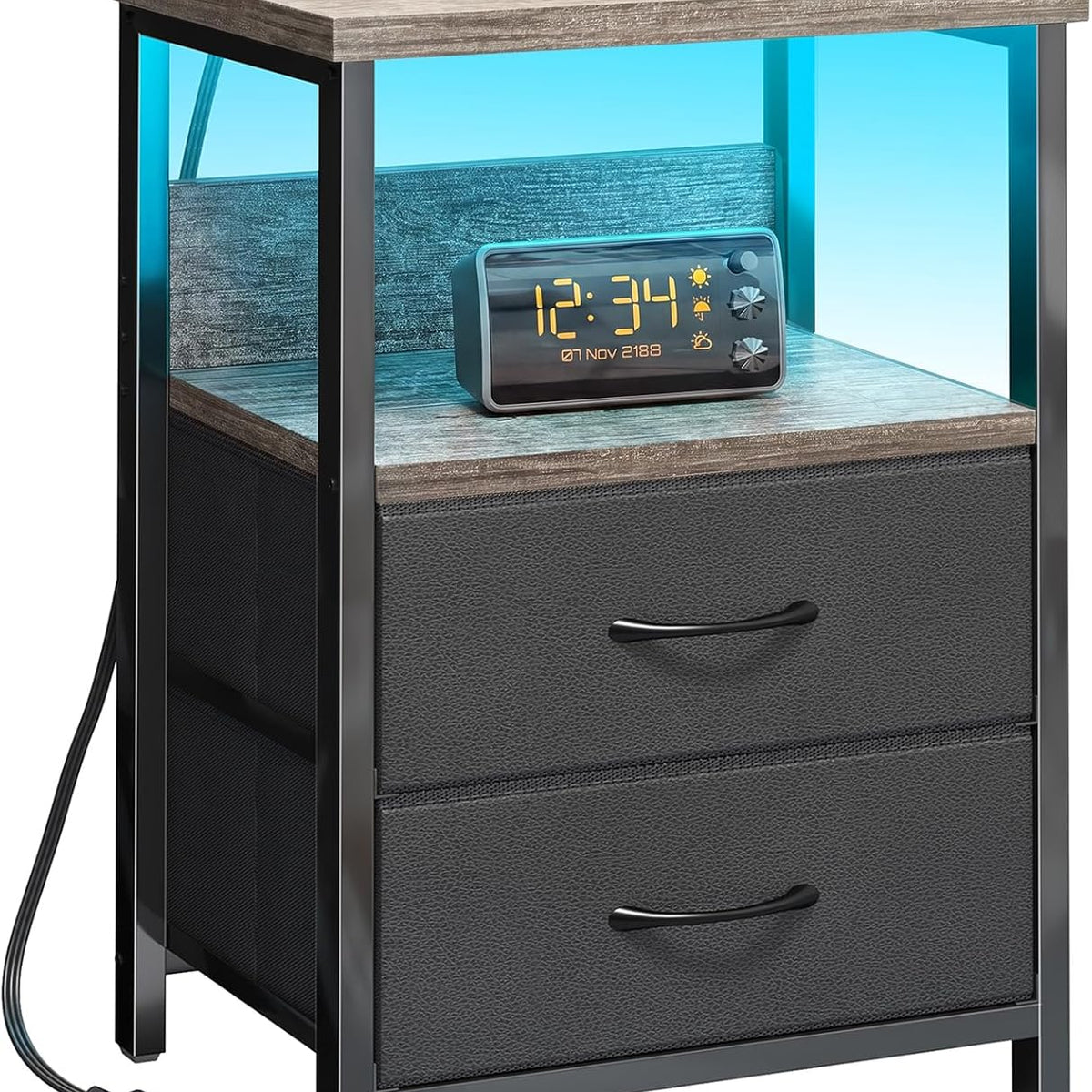 Fixwal Night Stand with Charging Station, LED Nightstand with U-S-B Ports and Outlets, 2 Fabric Storage Drawers with PU Finish, Bed Side Table, French Oak