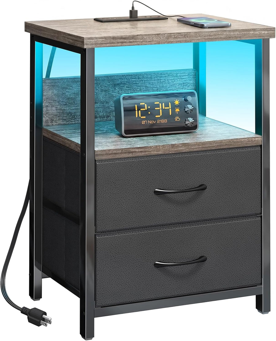Night Stand with Charging Station, LED Nightstand with U-S-B Ports and Outlets, 2 Fabric Storage Drawers with PU Finish, Bed Side Table, French Oak