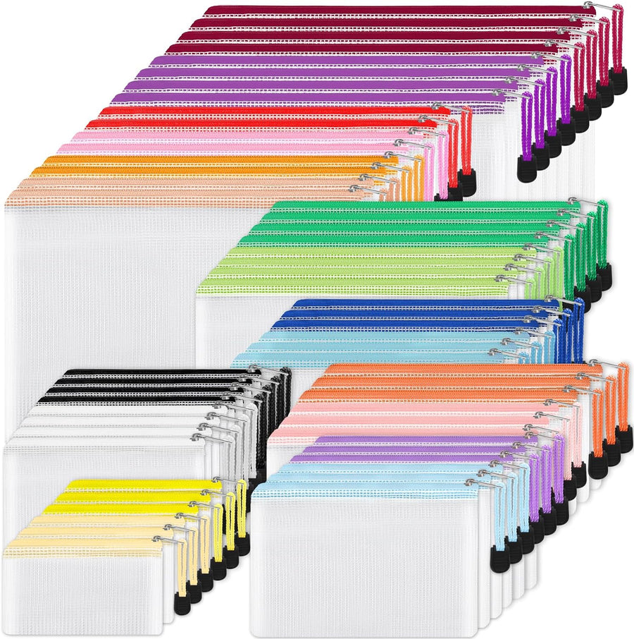 56pcs Mesh Zipper Pouch, Waterproof Zipper Bags, 8 Sizes Plastic Travel Pouch, 18 Colors, Multipurpose for Travel Storage, Office Appliances